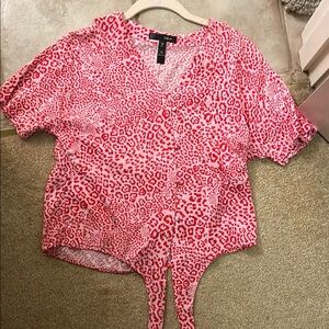 Aqua Pink and White Short Sleeve Wrap Blouse